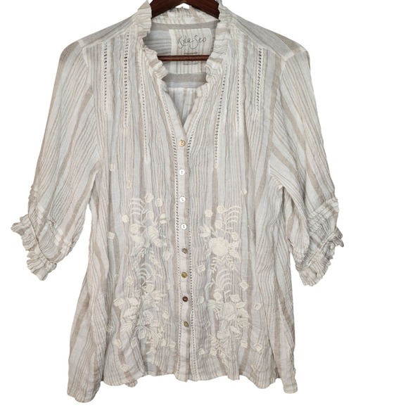 Kyla Seo Melina Blouse‎ Top Women's Embroidered Linen Blend Large Beige/Cream - Picture 1 of 10